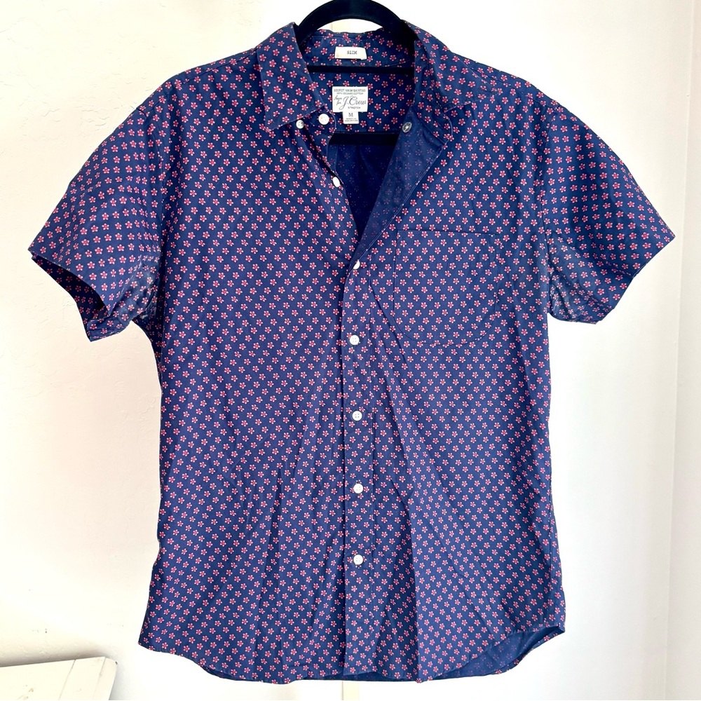 JCrew Men’s Secret Wash Short Sleeve Poplin Floral Print Dress Shirt, M